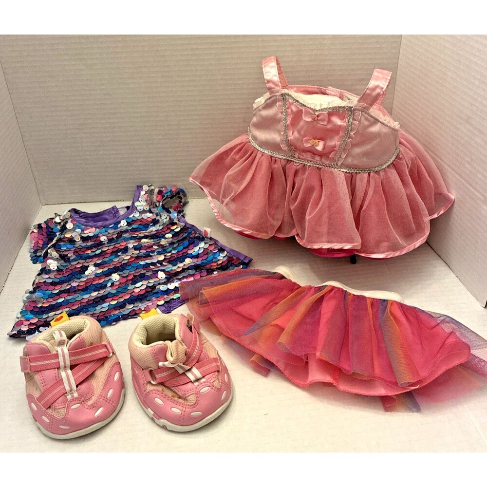 Build-A-Bear Workshop Rainbow Sequin Dress, Pink Ballet Dress, Tutu & Shoes Lot